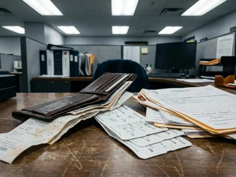 Leather corporate wallet spilling crumpled receipts and boarding passes on a worn office desk beside unreviewed expense reports.