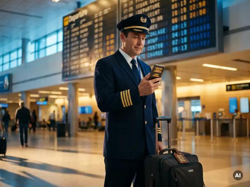 Pilot in uniform checking flight itinerary on smartphone near airport departure board, rolling carry-on bag beside him in terminal lighting.