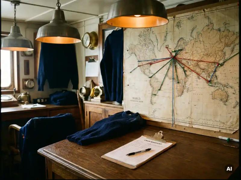Worn world map pinned to a maritime operations room wall with colored pushpins and string linking port cities, crew manifest clipboard on dark oak desk below.