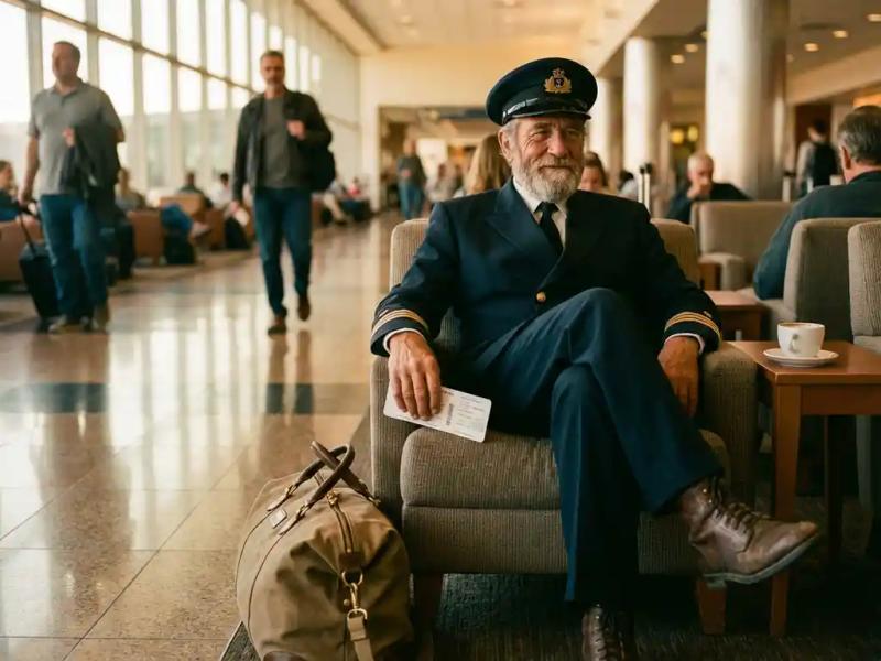Weathered merchant navy seafarer relaxing in airport lounge, holding boarding pass, bathed in warm golden afternoon light.