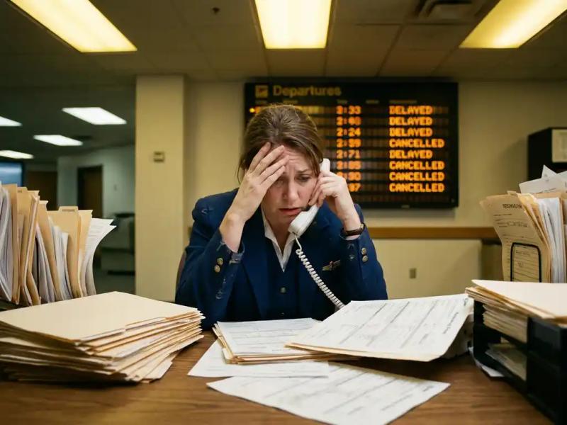 Stressed airline gate agent at cluttered desk buried in paper rebooking forms, blurred departures board showing flight delays in background.