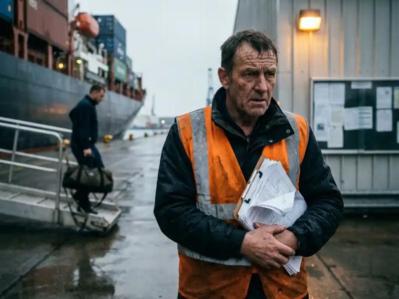Maritime officer in high-visibility vest grips clipboard tensely at busy port, cargo vessel docked behind him in early morning light.