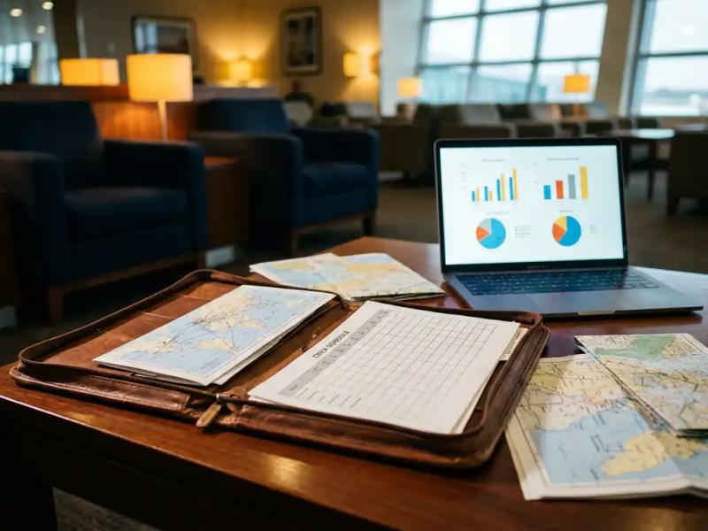 Leather-bound portfolio open on airport lounge table with flight route maps, crew scheduling grids, and a laptop showing data charts.