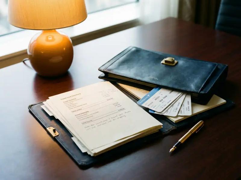 Leather portfolio open on a conference table with printed travel cost summaries, boarding passes, and a pen under warm amber lamplight.