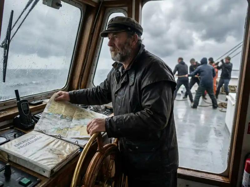 Ship captain gripping nautical chart at helm during rough seas, crew pulling rigging in background under dramatic overcast sky.