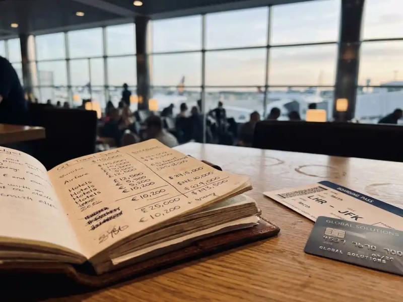 Corporate travel manager's notebook with handwritten budget figures, boarding pass, and company credit card on an airport lounge table.