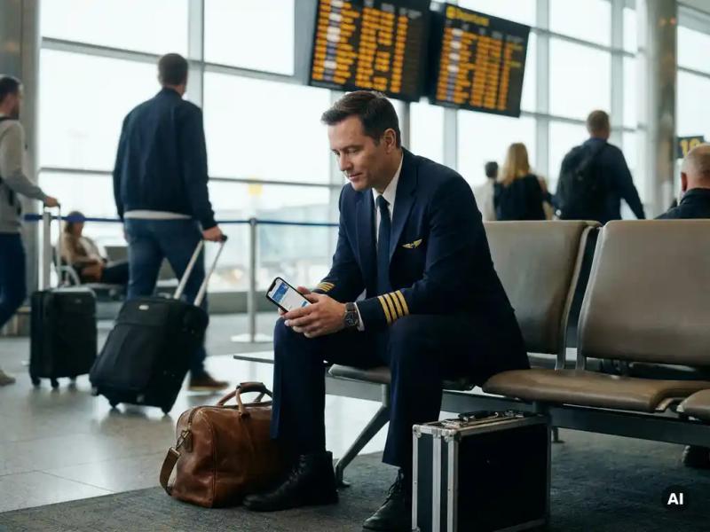 Pilot in navy uniform rebooking a flight on a smartphone at an airport gate, carry-on luggage nearby, blurred departure boards behind.