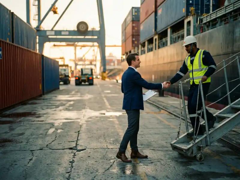 Port agent with clipboard greeting uniformed seafarer on a busy commercial dock, large cargo vessel and shipping containers in background.