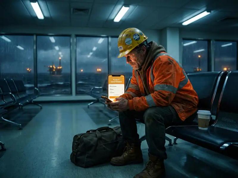 Tired offshore worker in high-vis jacket books a flight on his phone in a late-night airport terminal.