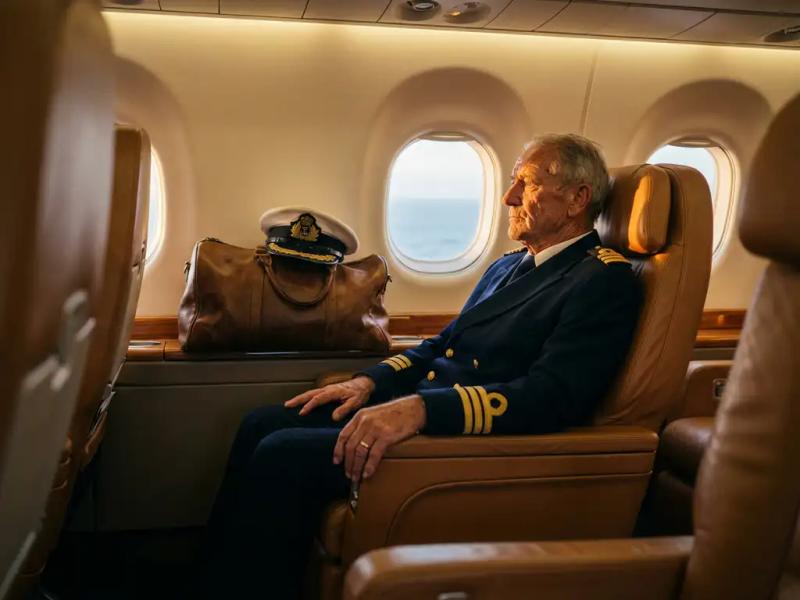 Weathered merchant navy officer in uniform gazing out a business class window at the ocean, captain's cap beside him.