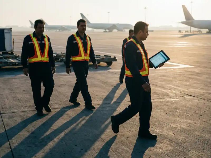 Ground crew in high-visibility vests crossing a sunlit airport tarmac at golden hour, one member holding a flight manifest tablet, wide-body jets in background haze.