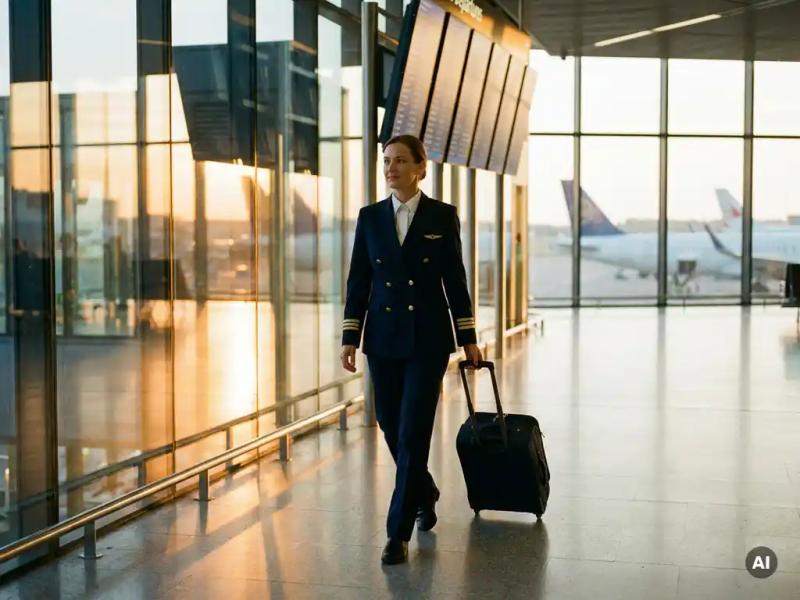 Airline crew member in navy uniform rolling a carry-on through a sunlit airport terminal with planes visible on the tarmac.