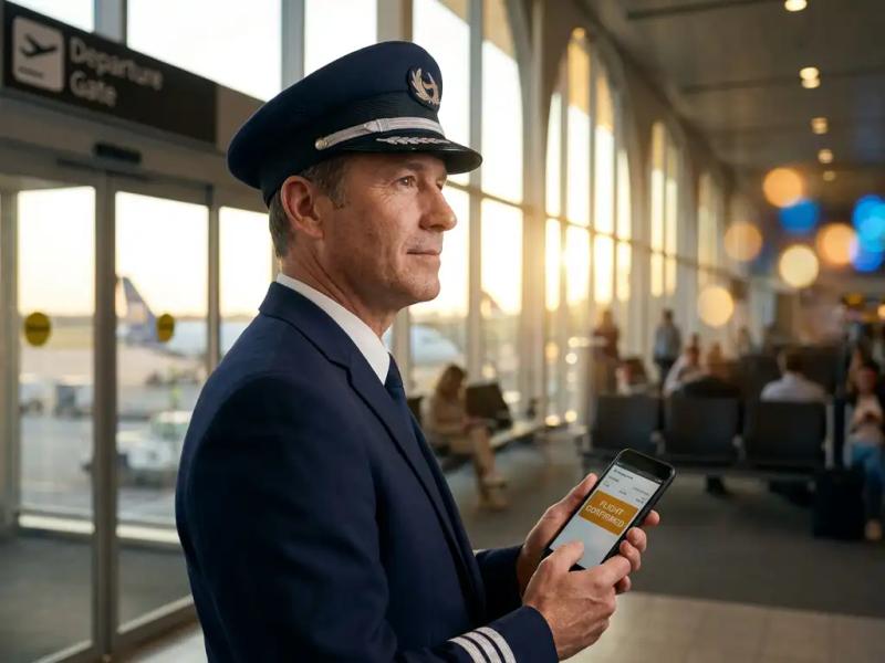 Pilot in uniform reviewing flight confirmation on smartphone at airport departure gate, warm morning light streaming through terminal windows.