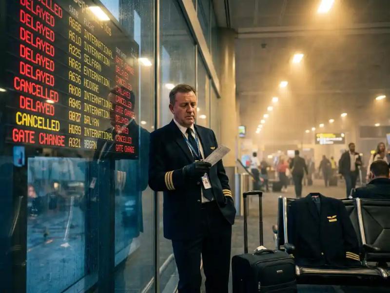 Flight operations manager holding a boarding pass at a busy international airport gate with departure boards visible in background.