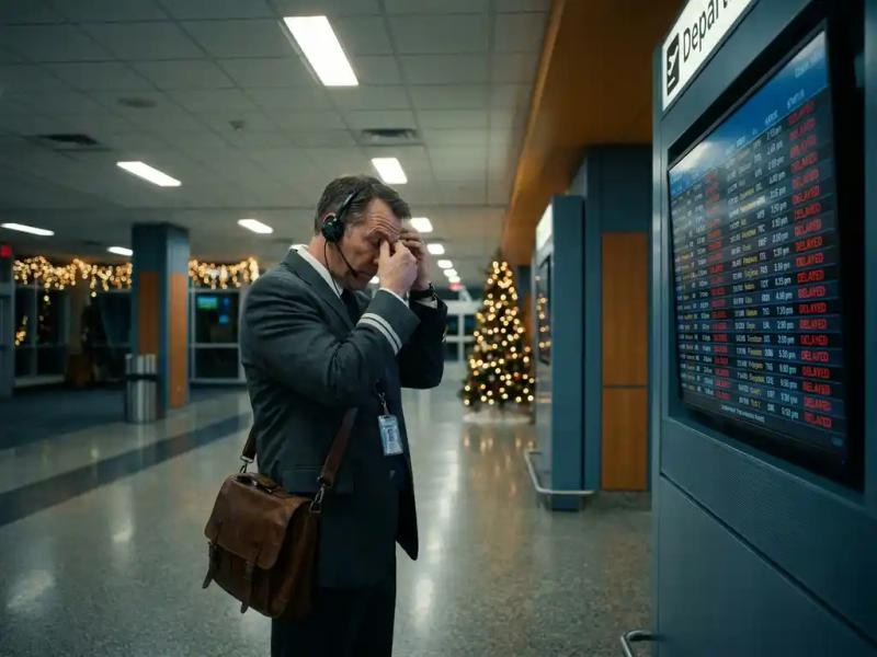 Airline operations manager in uniform studying a departure board filled with delayed flights in a holiday-decorated airport terminal.