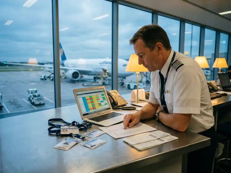 Airline pilot reviewing printed crew roster at airport operations desk with laptop showing flight schedules, aircraft visible through terminal windows.