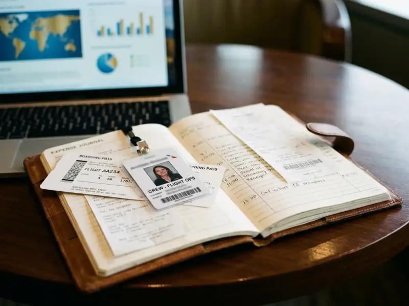 Leather-bound expense ledger open on an airport lounge table with a boarding pass and crew ID badge resting across the pages.