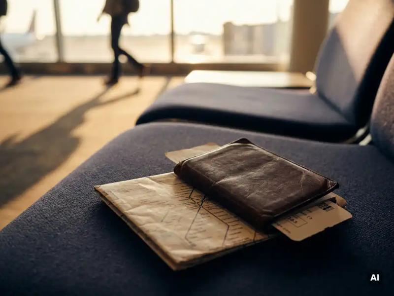 Worn leather passport with boarding pass and folded transit map on airport lounge chair, warm amber terminal light through floor-to-ceiling windows.