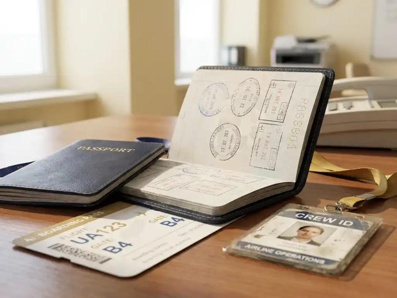 Worn navy passport open to visa stamp page beside a boarding pass and crew ID badge on an airline operations desk.