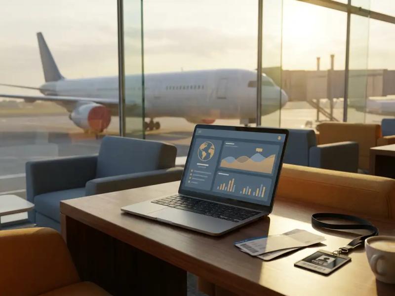 Laptop showing flight booking dashboard on airport lounge desk beside boarding pass and crew ID badge, parked aircraft visible through panoramic windows.