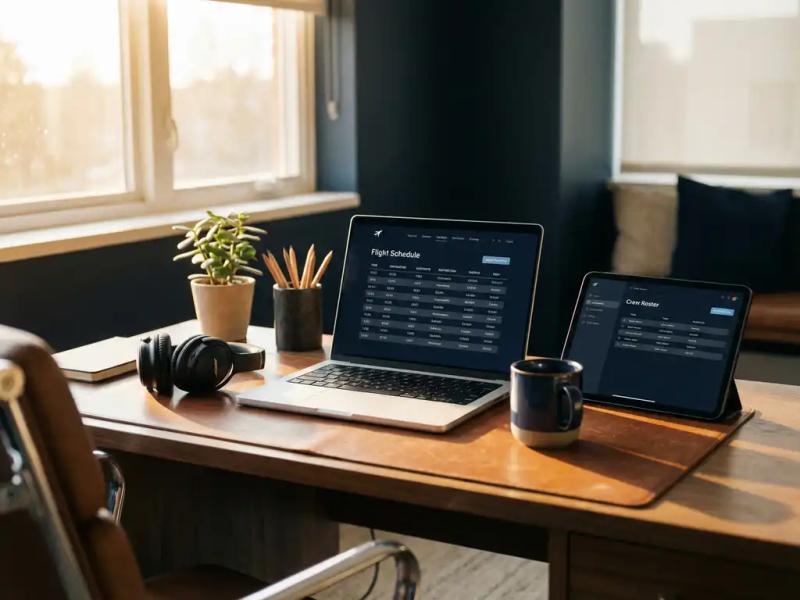 Crew manager's desk with laptop showing flight schedules, tablet, aviation headset, and coffee mug in warm golden light.