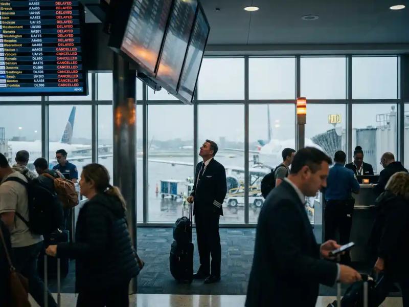 Airline crew member checking a departure board showing flight delays at a busy airport gate, aircraft visible through terminal windows behind them.