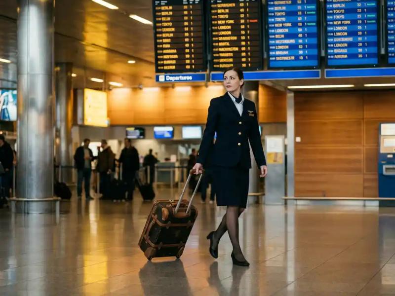 Airline crew member rolling a carry-on suitcase through a busy airport terminal with departure boards visible in the background.