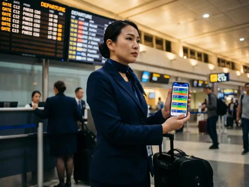 Airline crew member in uniform reviewing real-time flight scheduling app at busy airport gate, departure boards visible behind them.