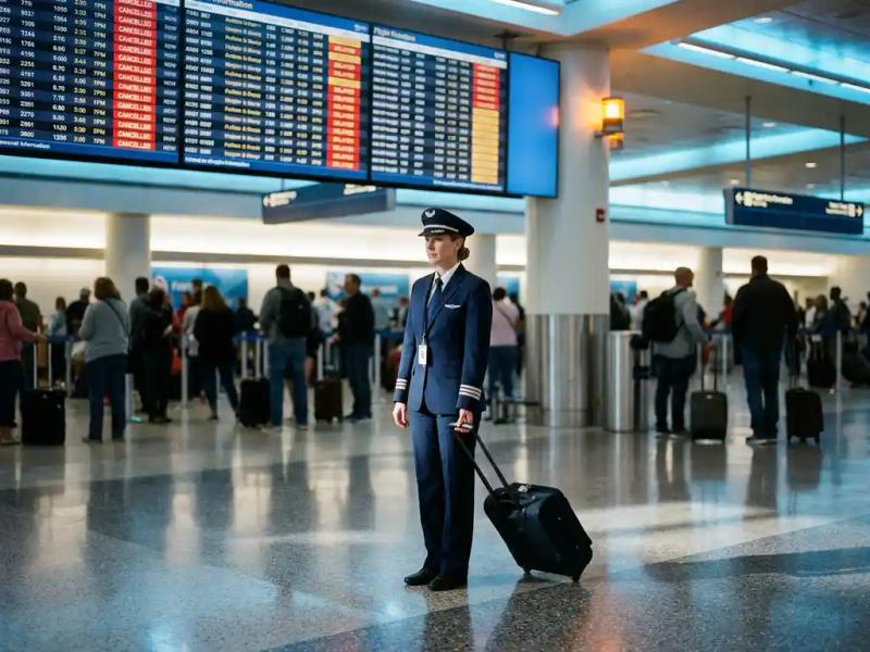 Airline crew member standing in airport terminal with delayed and cancelled flight departure board glowing in background, rolling luggage nearby.