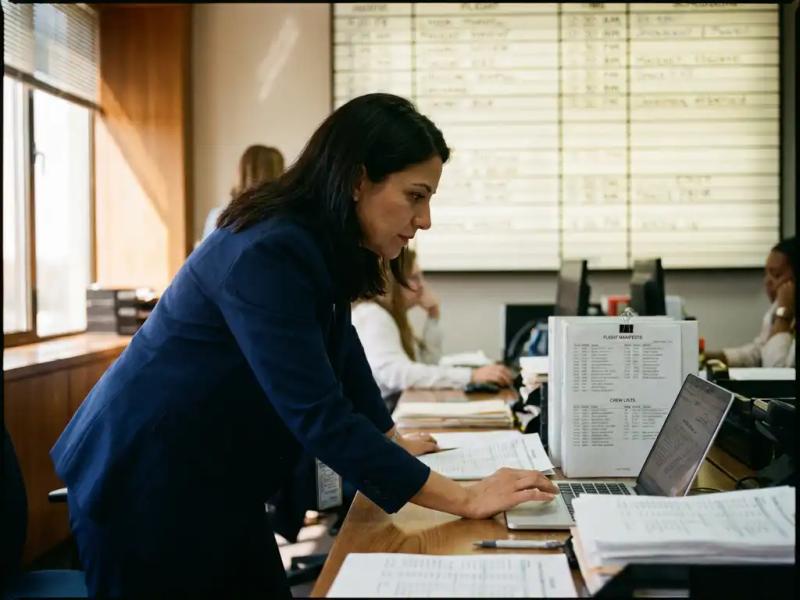 Travel coordinator reviewing flight manifests and crew rosters at an operations desk, laptop open, scheduling board visible in background.