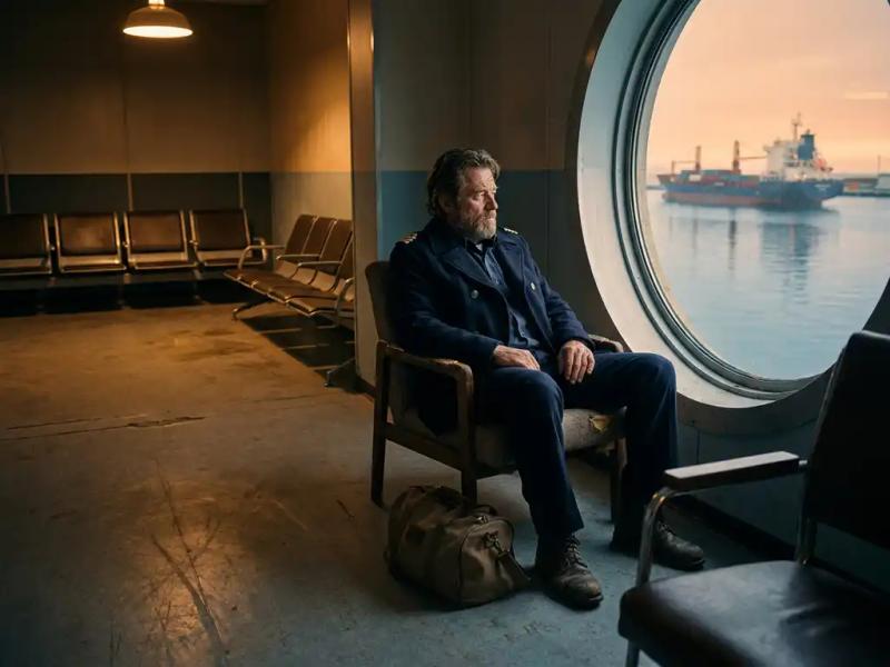 Weathered seafarer in navy uniform seated alone in airport terminal, porthole window framing a cargo ship on calm harbor waters.
