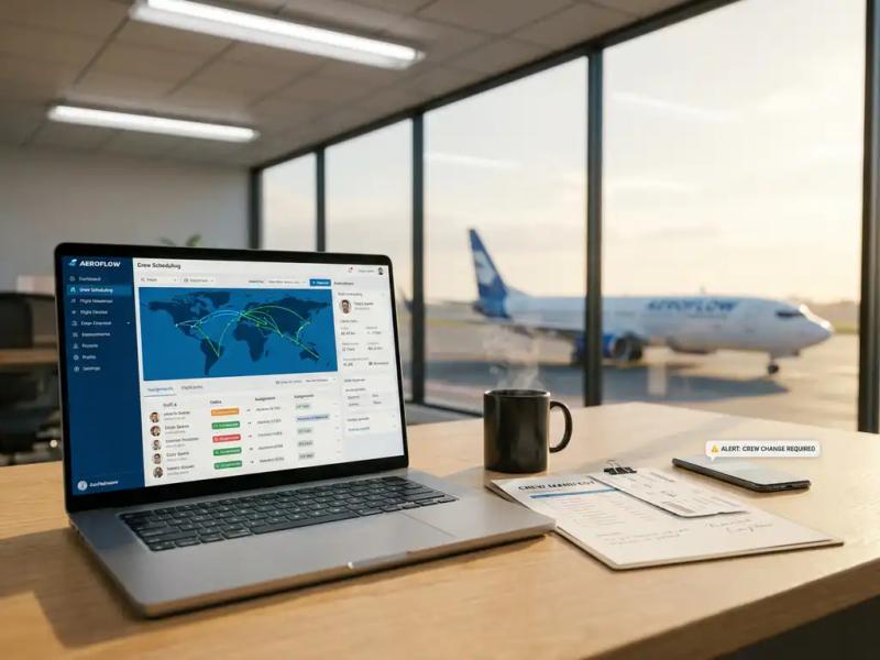 Airline operations desk with crew scheduling dashboard on laptop, printed manifest, and aircraft taxiing on tarmac at dawn.