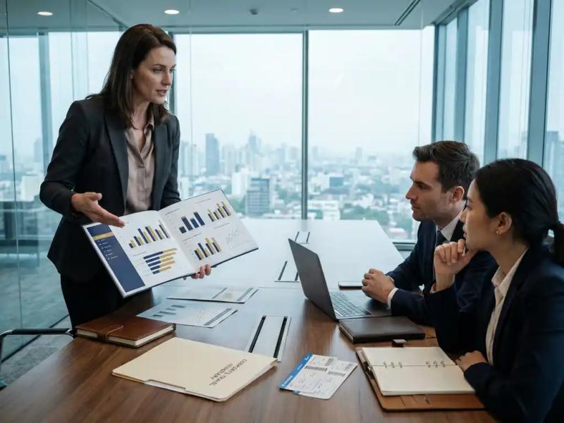 Executive presenting printed dashboard report with data visualizations to colleagues in a sunlit corporate conference room overlooking city skyline.