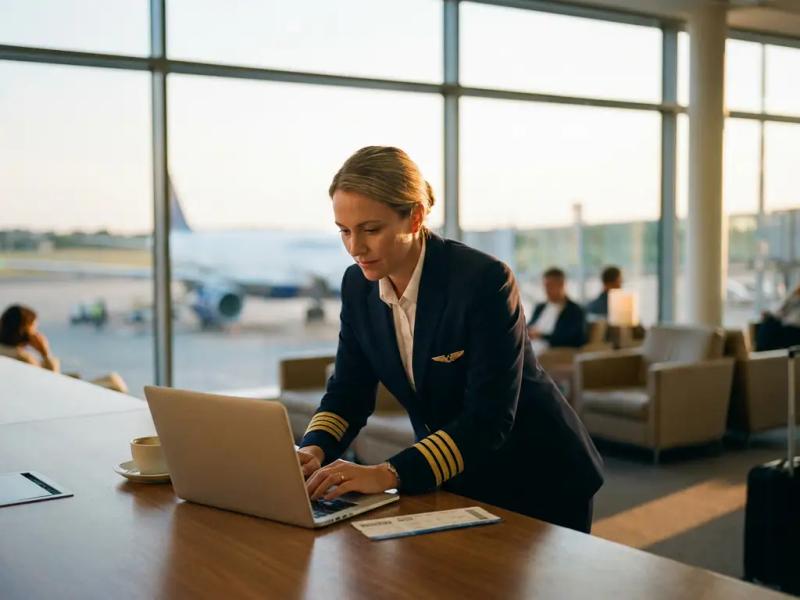 Airline crew member reviewing laptop at airport lounge desk with boarding pass and coffee, parked aircraft visible through floor-to-ceiling windows.