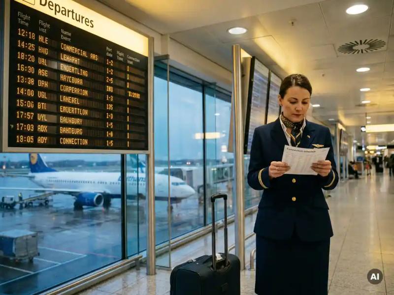 Flight crew member in uniform reviewing a printed connection schedule beside an airport departures board, rolling carry-on nearby, aircraft visible through terminal gate windows.