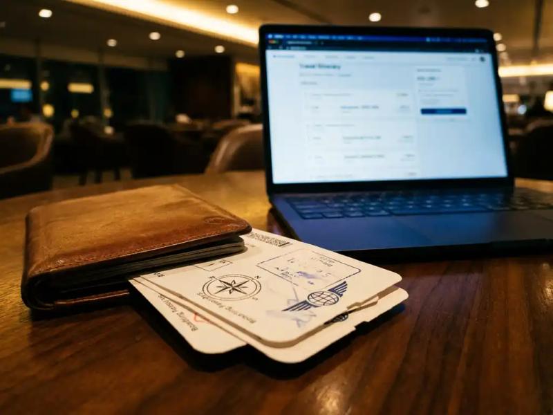 Worn leather passport and fanned airline boarding passes on an airport lounge table, with an open laptop softly blurred in the background.
