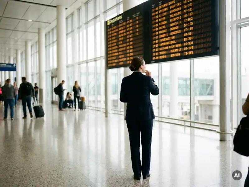 Airline crew member in uniform reviewing a departure board showing connecting flight routes in a sunlit modern airport terminal.