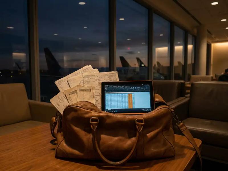 Pilot's worn leather flight bag open on airport lounge table with route maps, boarding passes, and laptop showing spreadsheet data, aircraft tail fins visible through terminal windows.