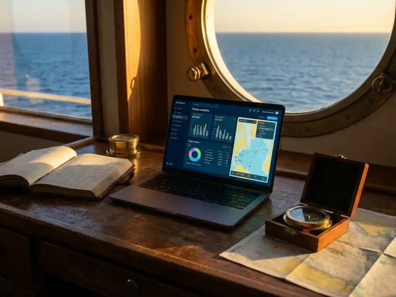 Ship captain's desk with open laptop showing voyage analytics, compass, and nautical logbook, ocean visible through porthole in warm light.