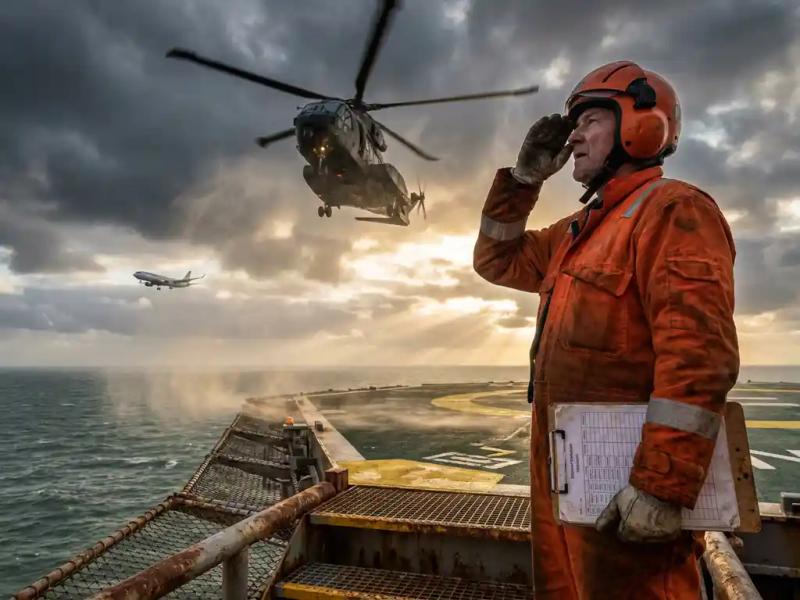 Offshore crew member in orange survival suit on oil platform helipad watching helicopter approach through stormy North Sea skies