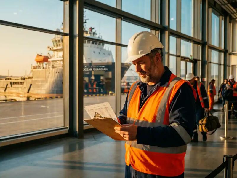 Offshore crew member in safety vest and hard hat reviews boarding manifest at maritime terminal, industrial vessel visible behind him.