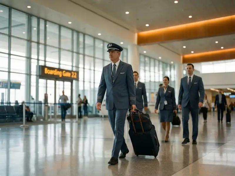 Airline crew member in uniform rolling a carry-on through a modern airport terminal, colleagues following behind near boarding gate signs.