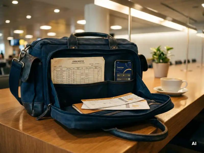 Open captain's flight bag on airport lounge table holding crew roster, boarding passes, and smartphone with travel dashboard.