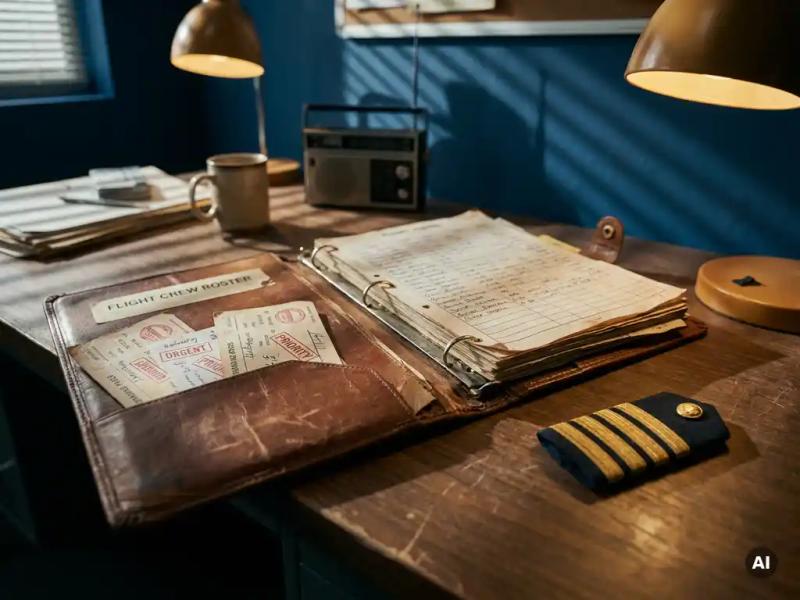 Worn leather flight crew roster binder open on an operations desk with red-flagged boarding passes tucked inside and a pilot's epaulette resting nearby.