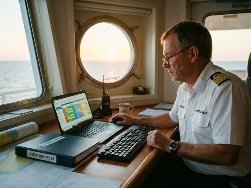Maritime officer in white uniform reviewing crew scheduling software on laptop aboard a commercial vessel, calm ocean visible through porthole.