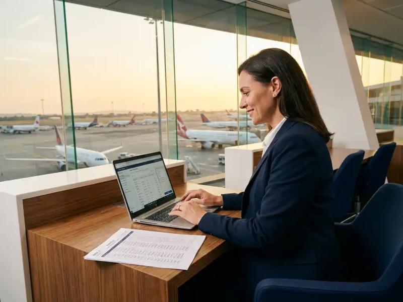 Crew scheduling manager booking flights on a laptop at an airport operations desk with a printed crew roster and aircraft visible on the tarmac.