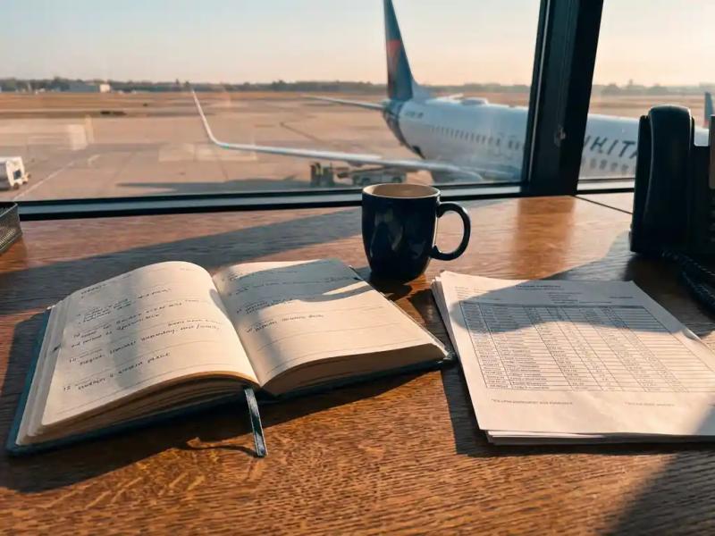 Fleet operations manager's desk with weekly planner and flight manifests, commercial aircraft visible through office window in morning light.