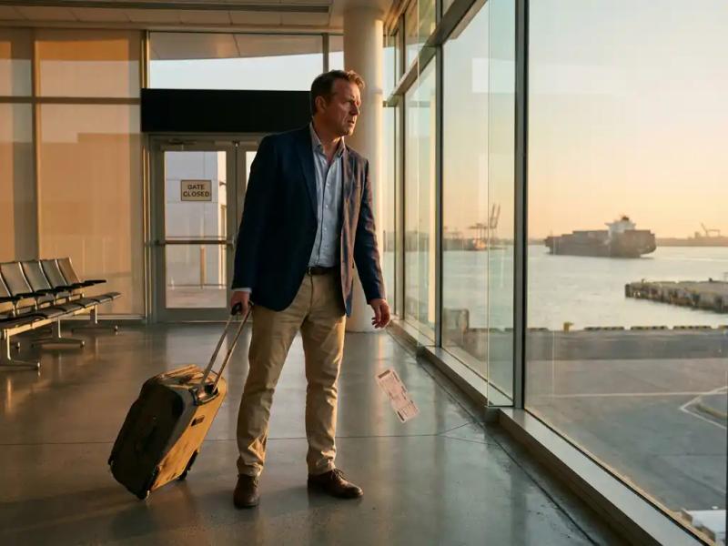 Stressed businessman gripping suitcase at airport gate, watching cargo ship depart through window, crumpled boarding pass falling