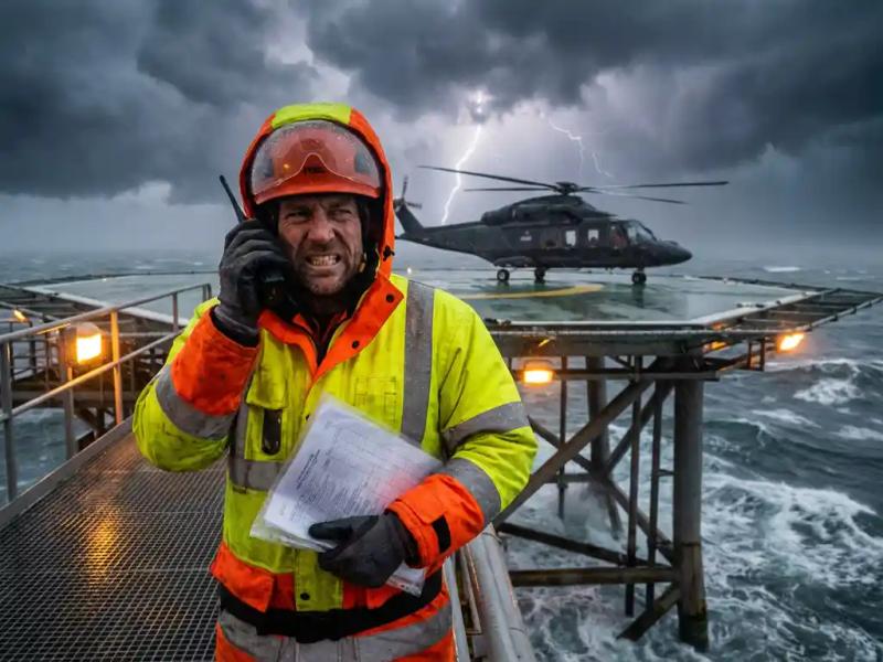 Offshore crew change coordinator in high-vis gear on a storm-lashed oil platform helipad, gripping a schedule while radioing through fierce winds.
