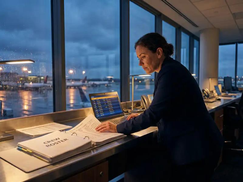 Airline operations coordinator reviewing flight manifests and crew rosters at a desk in a modern airport control room at dusk.